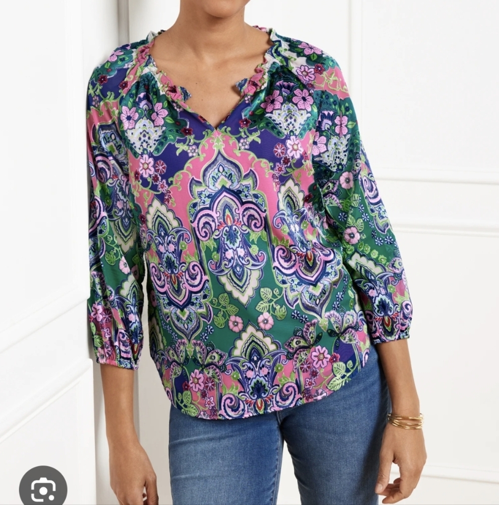 Talbots Satin Burnout Peasant Blouse sz XL Elaborate Medallion Print Green Pink